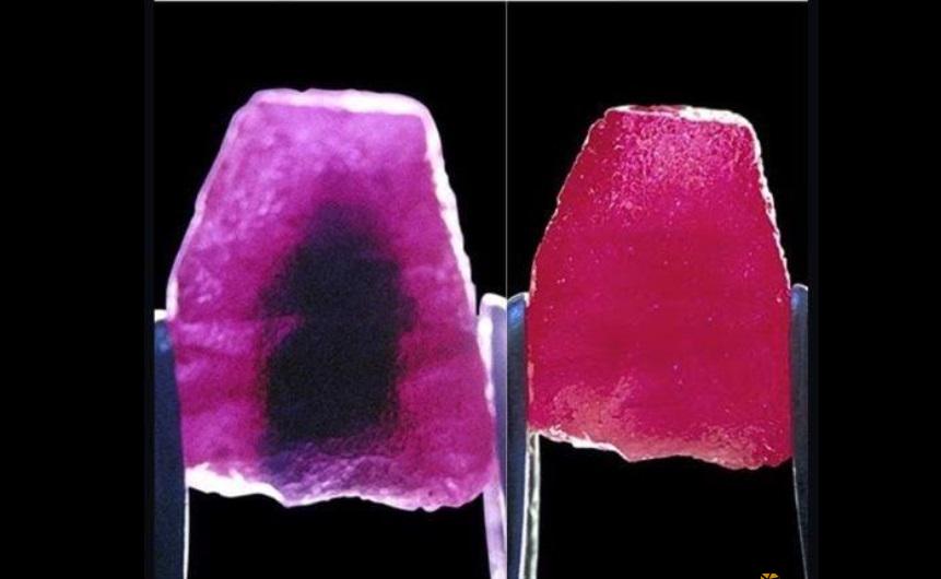 Viên ruby thô được xử lý nhiệt trước (Trái) và sau (Bên phải) Phần màu đen đã biến mất 