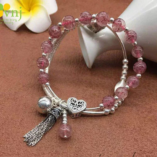 Vòng Tay Thạch Anh Dâu Mix Charm