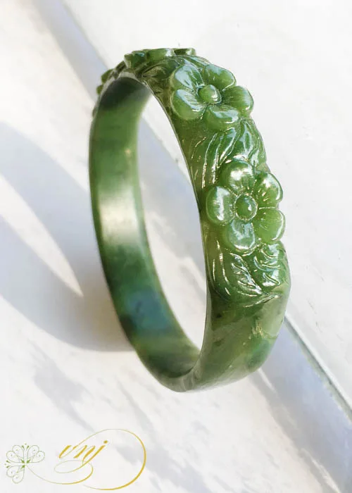 Vòng Tay Ngọc Bích Chạm Hoa VKN2 - Ảnh 4