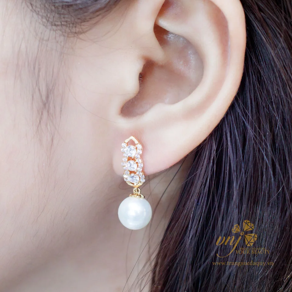 Bông Tai Ngọc Trai Vàng Mix Kim Cương Nhân Tạo BTNT14