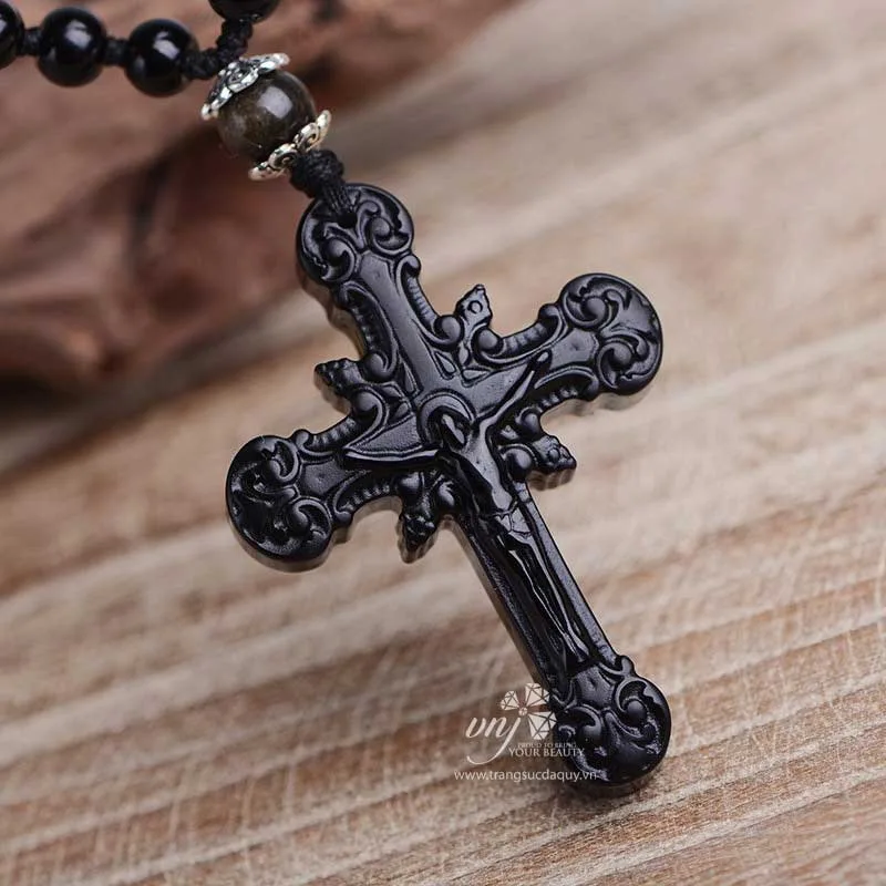 Mặt Dây Chuyền Thánh Giá Đá Obsidian Chạm Chúa Jesus MDTG2