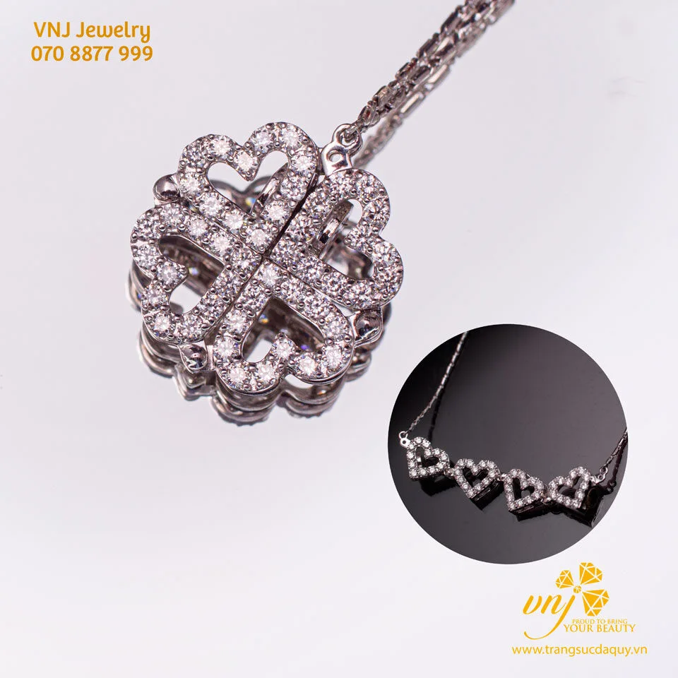 Mặt Dây Chuyền Kim Cương Vàng Trắng Cỏ 4 Lá & Trái Tim Đeo Hai Kiểu Mdkc1