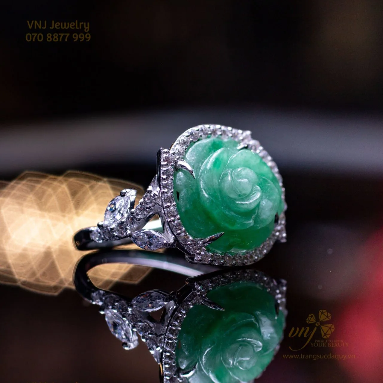 Nhẫn Hoa Mẫu Đơn Đá Cẩm Thạch Thiên Nhiên NWJ1