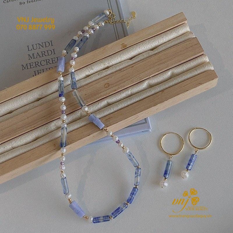 Bộ Trang Sức Aquamarine Mix Ngọc Trai VCTN8