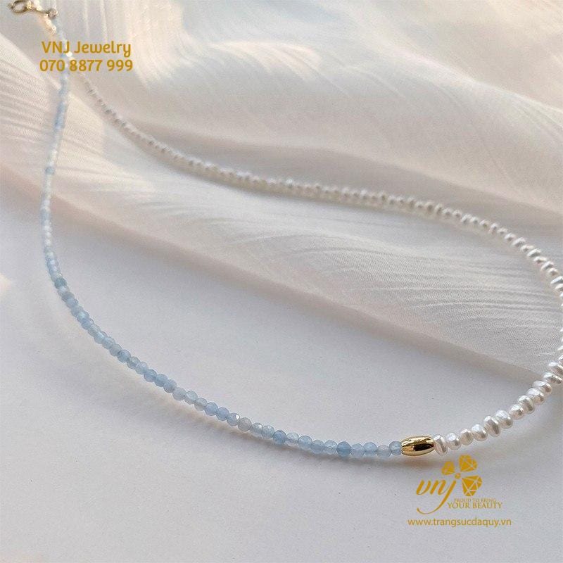 Chuỗi Aquamarine Mài Giác Mix Ngọc Trai VCTN10