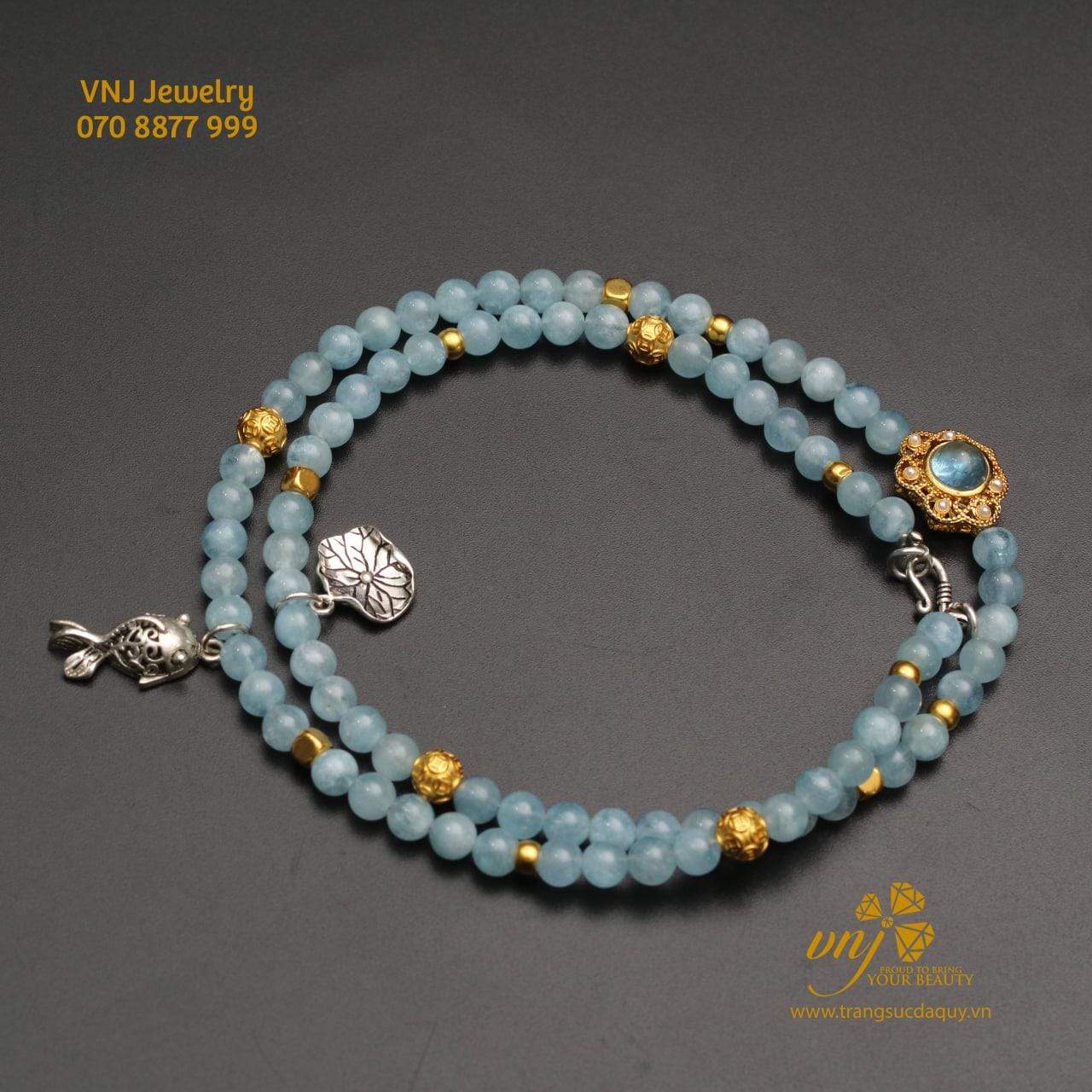 Chuỗi Aquamarine Mix Charm Vàng VCA6