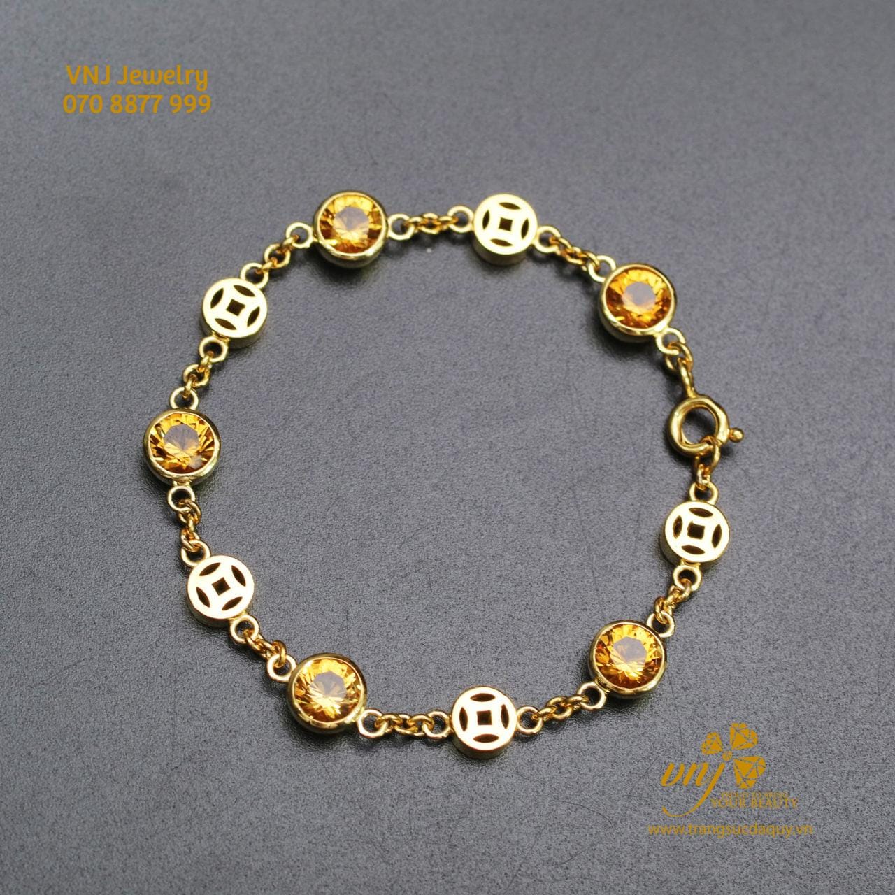 Vòng Tay Kim Tiền Vàng 18K Đá Citrine Thiên Nhiên LTQV1