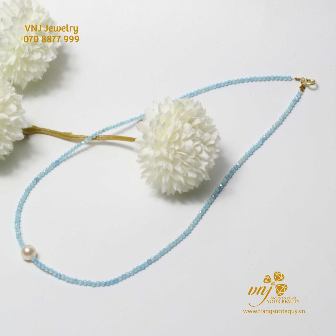 Chuỗi Aquamarine Mài Giác Mix Ngọc Trai VCA7