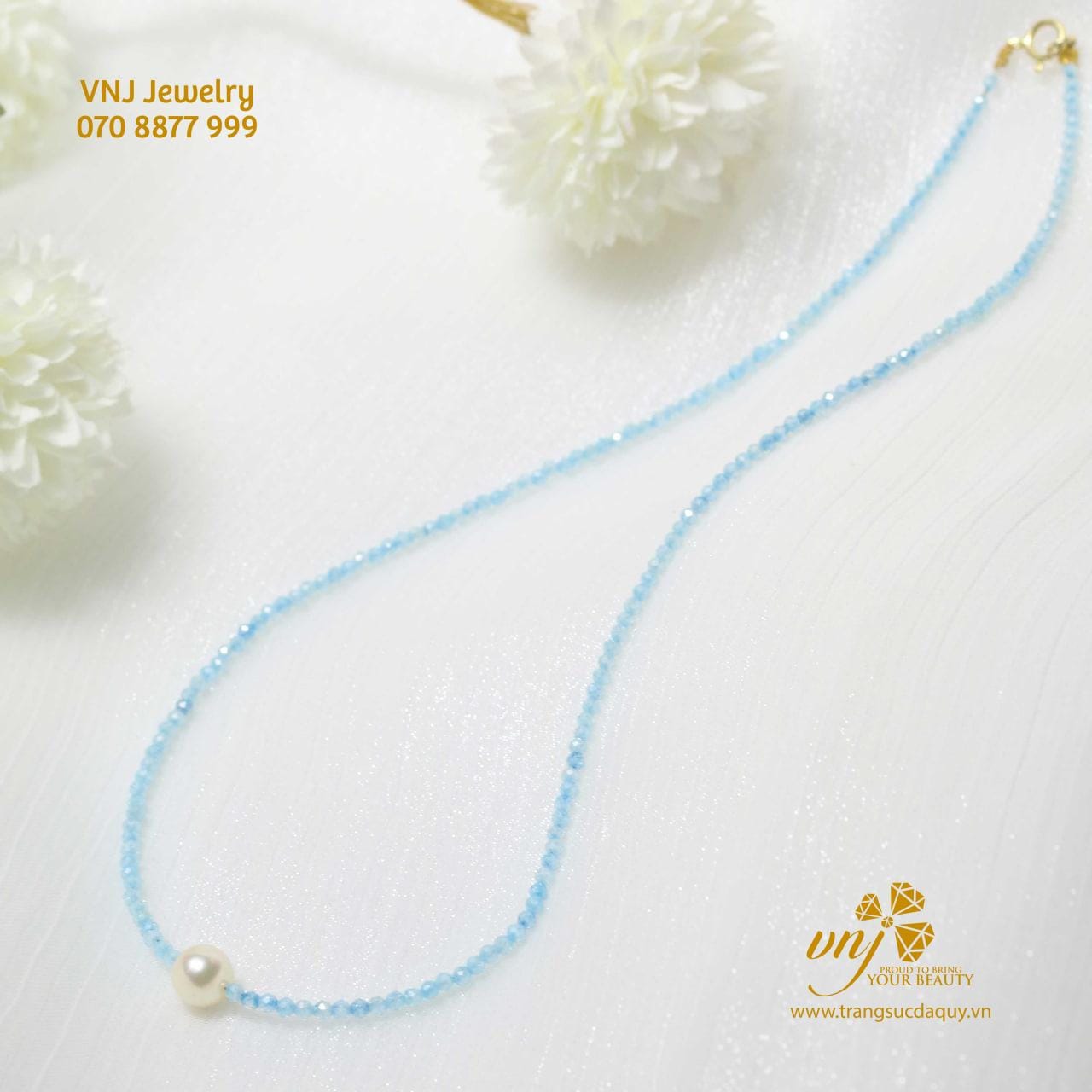 Chuỗi Aquamarine Mài Giác Mix Ngọc Trai VCA7