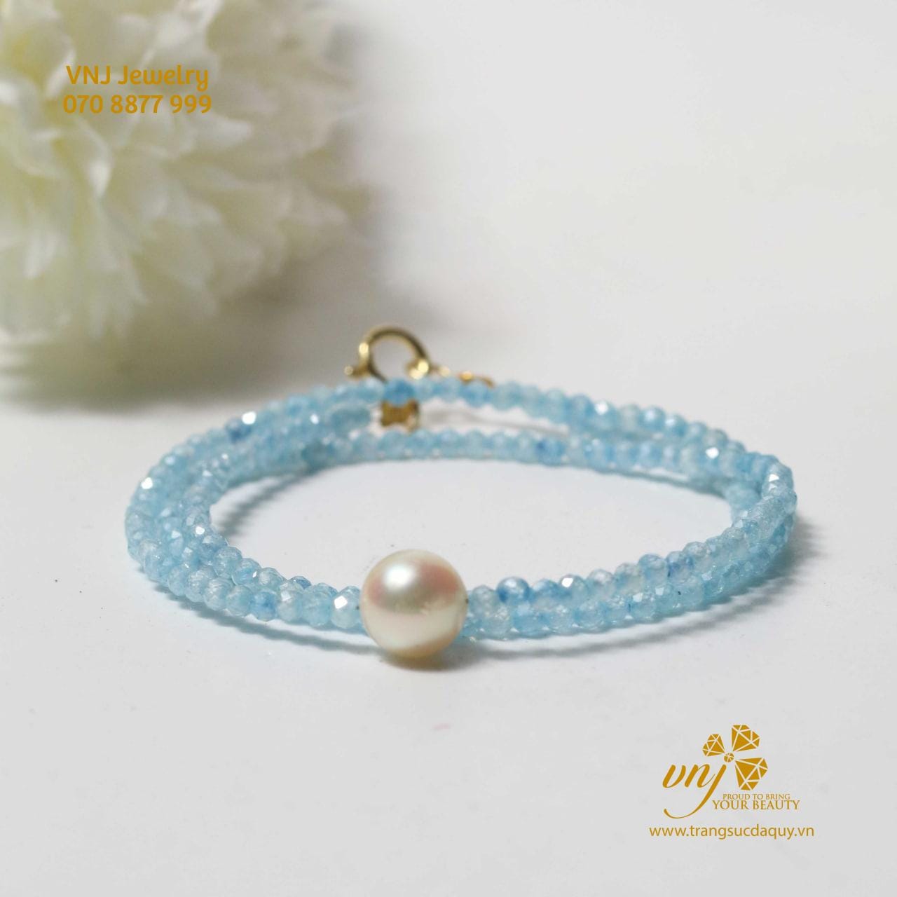 Chuỗi Aquamarine Mài Giác Mix Ngọc Trai VCA7