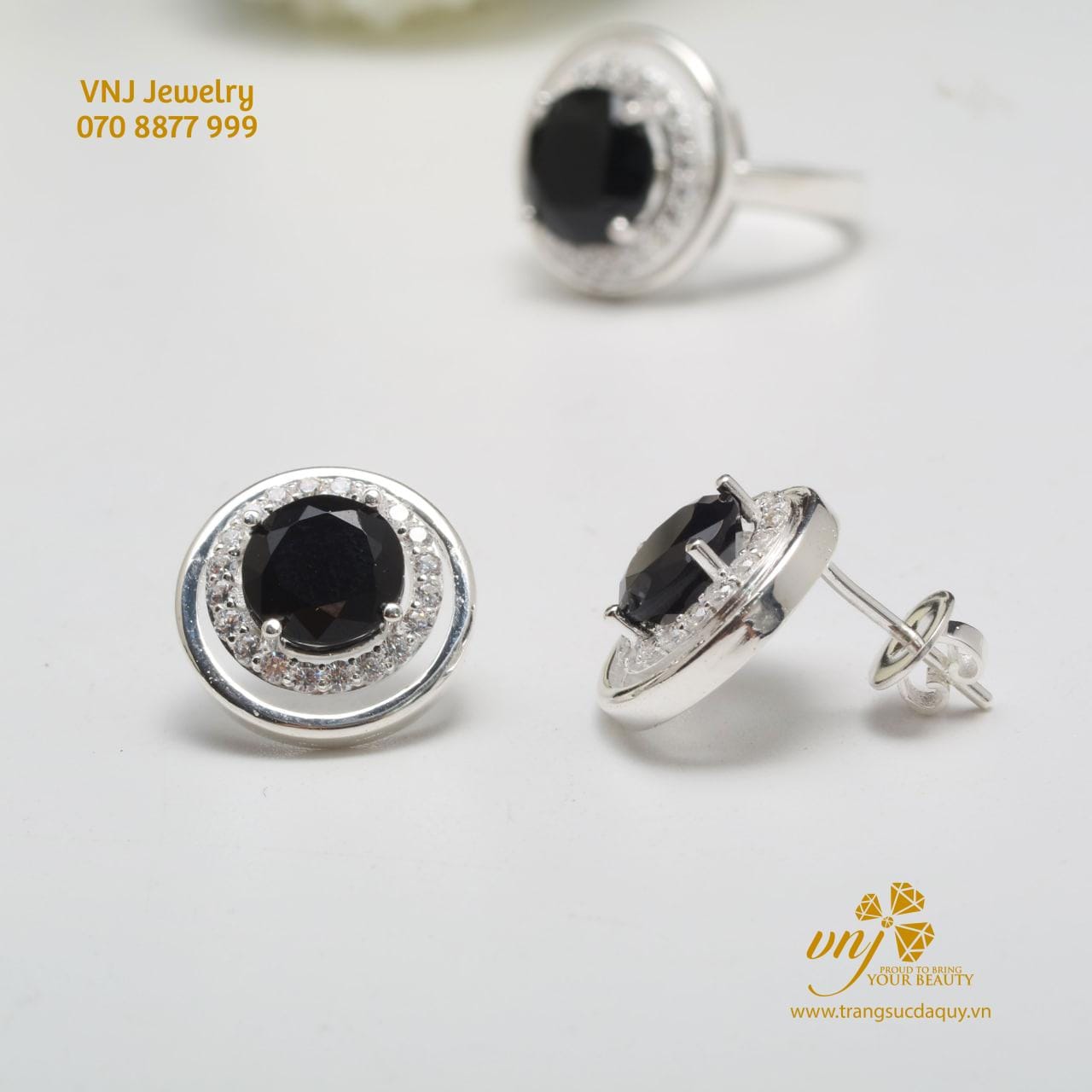 Bộ Trang Sức Sapphire Đen Nhẫn Mặt Dây Bông Tai Vòng Tay BS2
