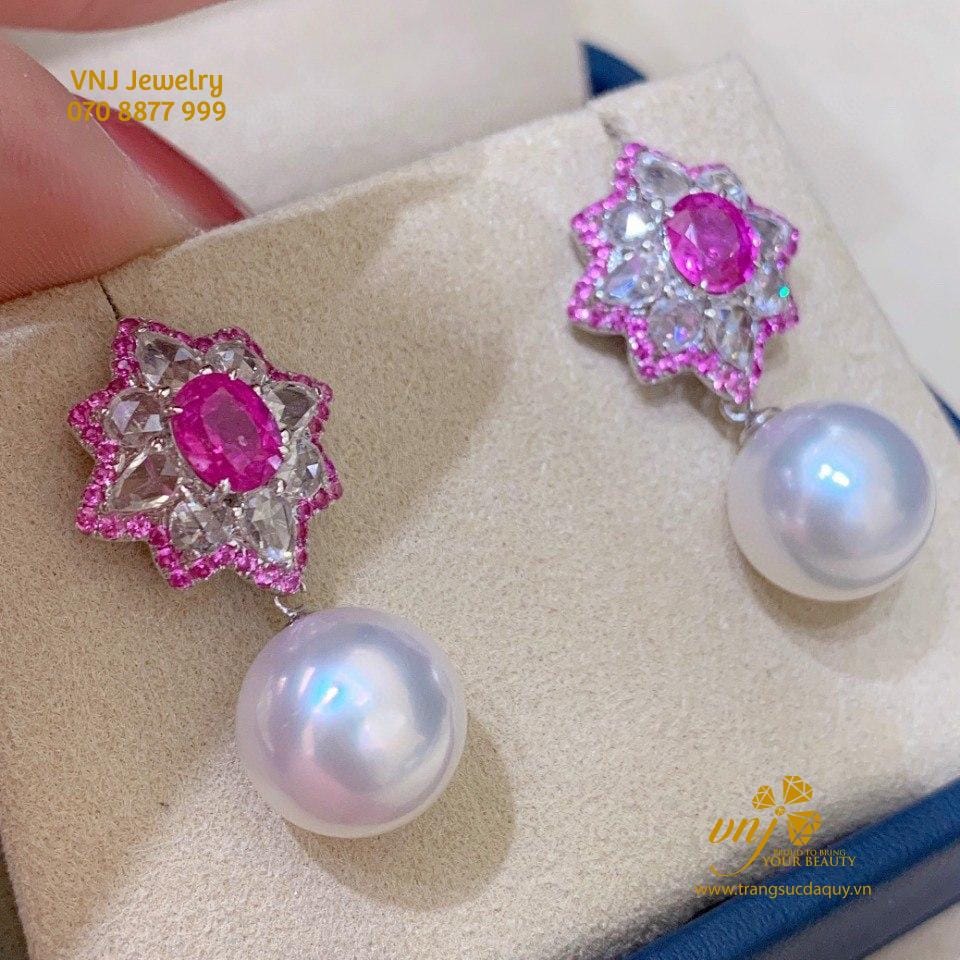 Bông Tai Ngọc Trai Mix Ruby BTNT21
