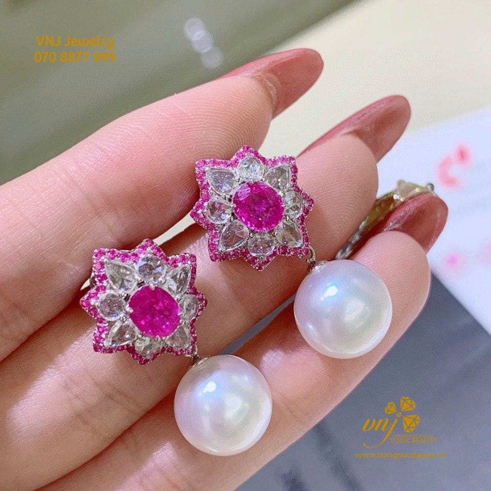 Bông Tai Ngọc Trai Mix Ruby BTNT21