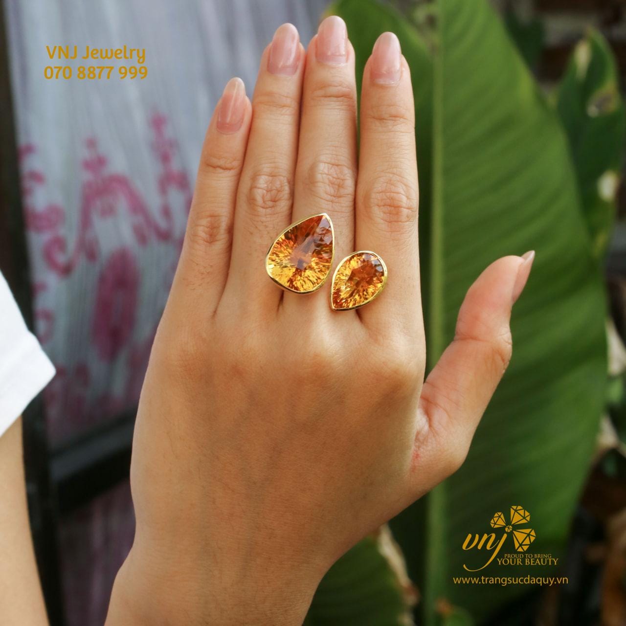 Nhẫn đá Citrine Vintage 2 đá