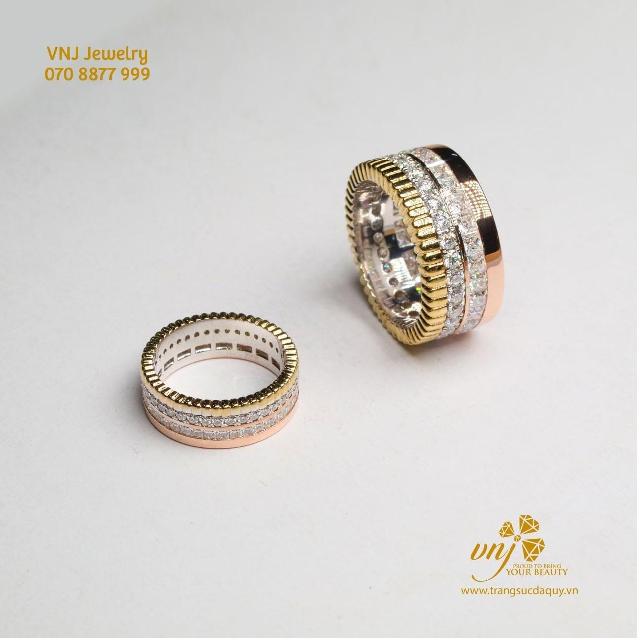 Nhẫn Cặp Vàng 3 Mầu Mix Kim Cương (2)