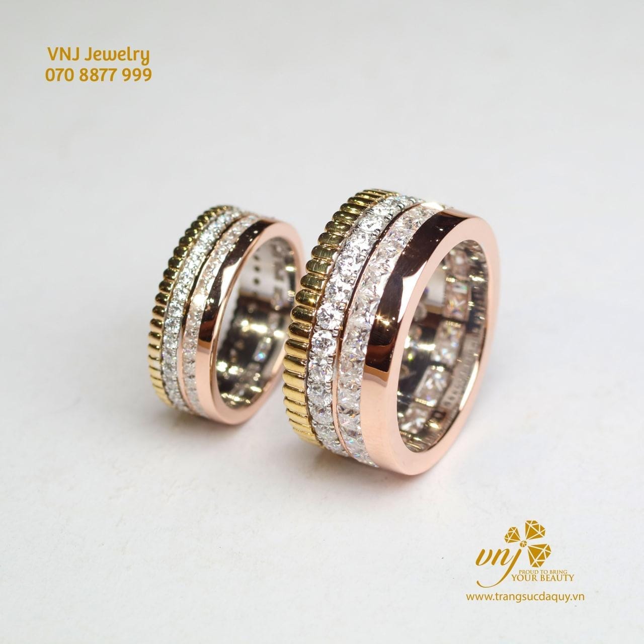Nhẫn Cặp Vàng 3 Mầu Mix Kim Cương (4)