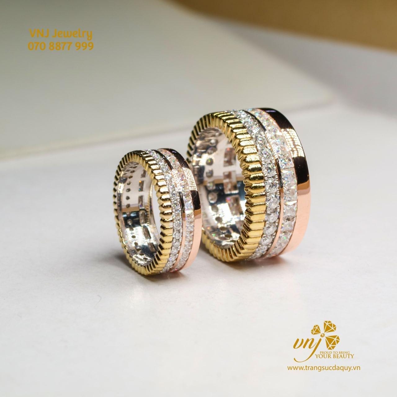 Nhẫn Cặp Vàng 3 Mầu Mix Kim Cương
