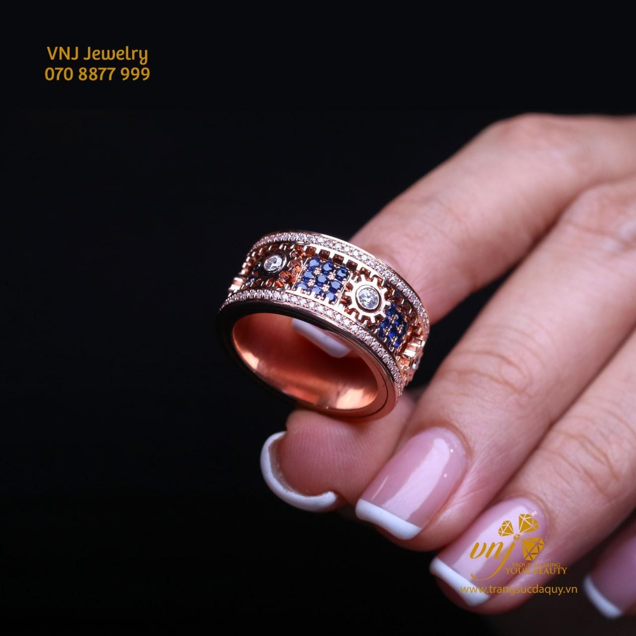 Nhẫn Bánh Răng Xoay Vàng 18k Kim Cương Mix Đá Quý (2)