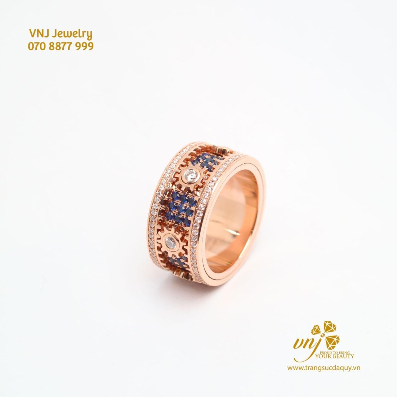 Nhẫn Bánh Răng Xoay Vàng 18k Kim Cương Mix Đá Quý (3)