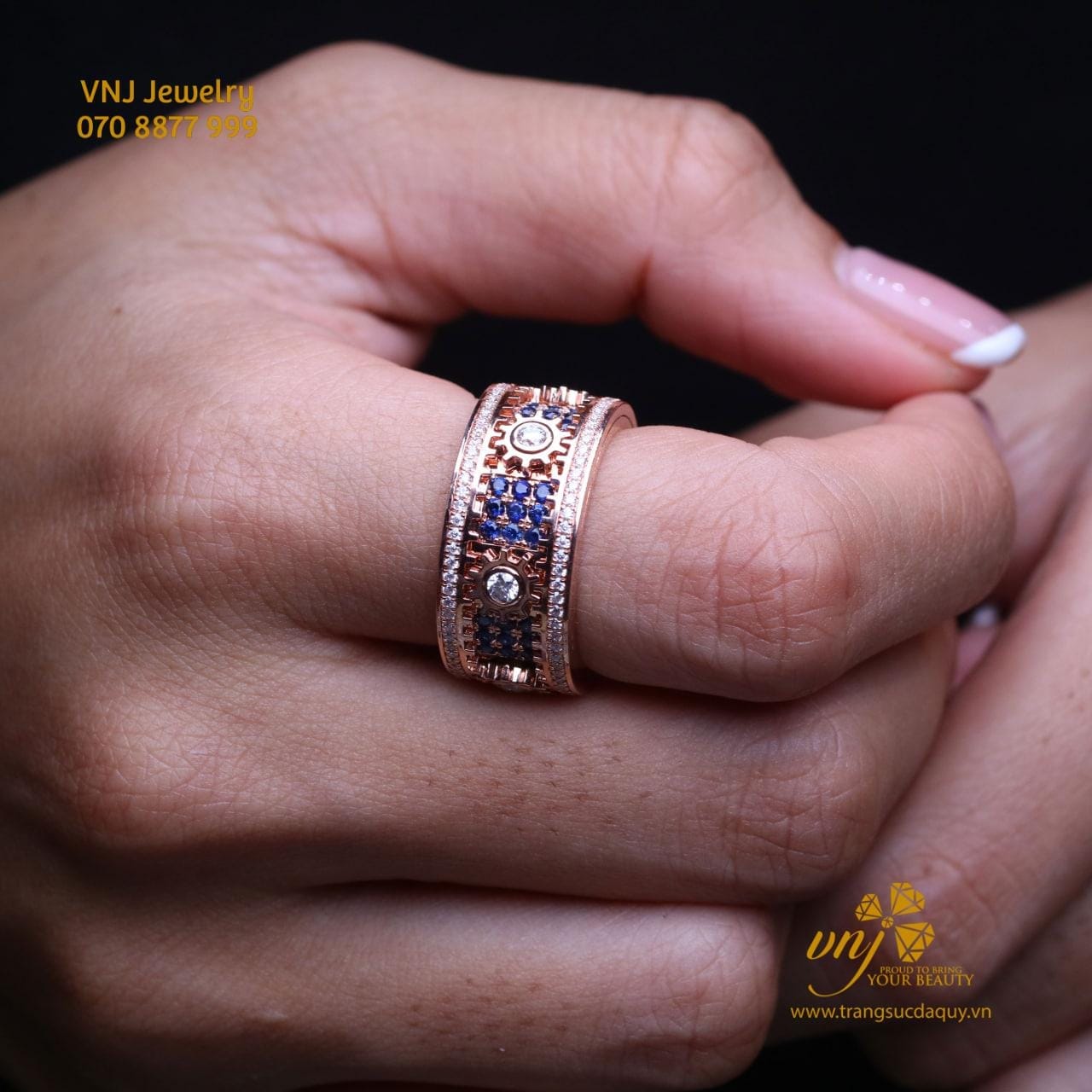 Nhẫn Bánh Răng Xoay Vàng 18k Kim Cương Mix Đá Quý