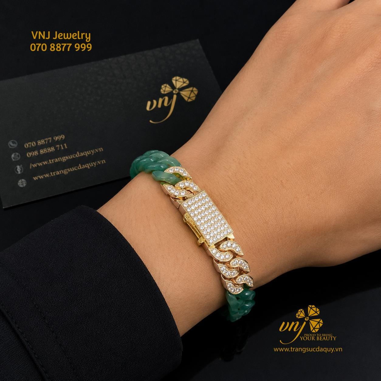 Lắc Tay Cuban Vàng Phỉ Thúy Lam Type A LTJ3
