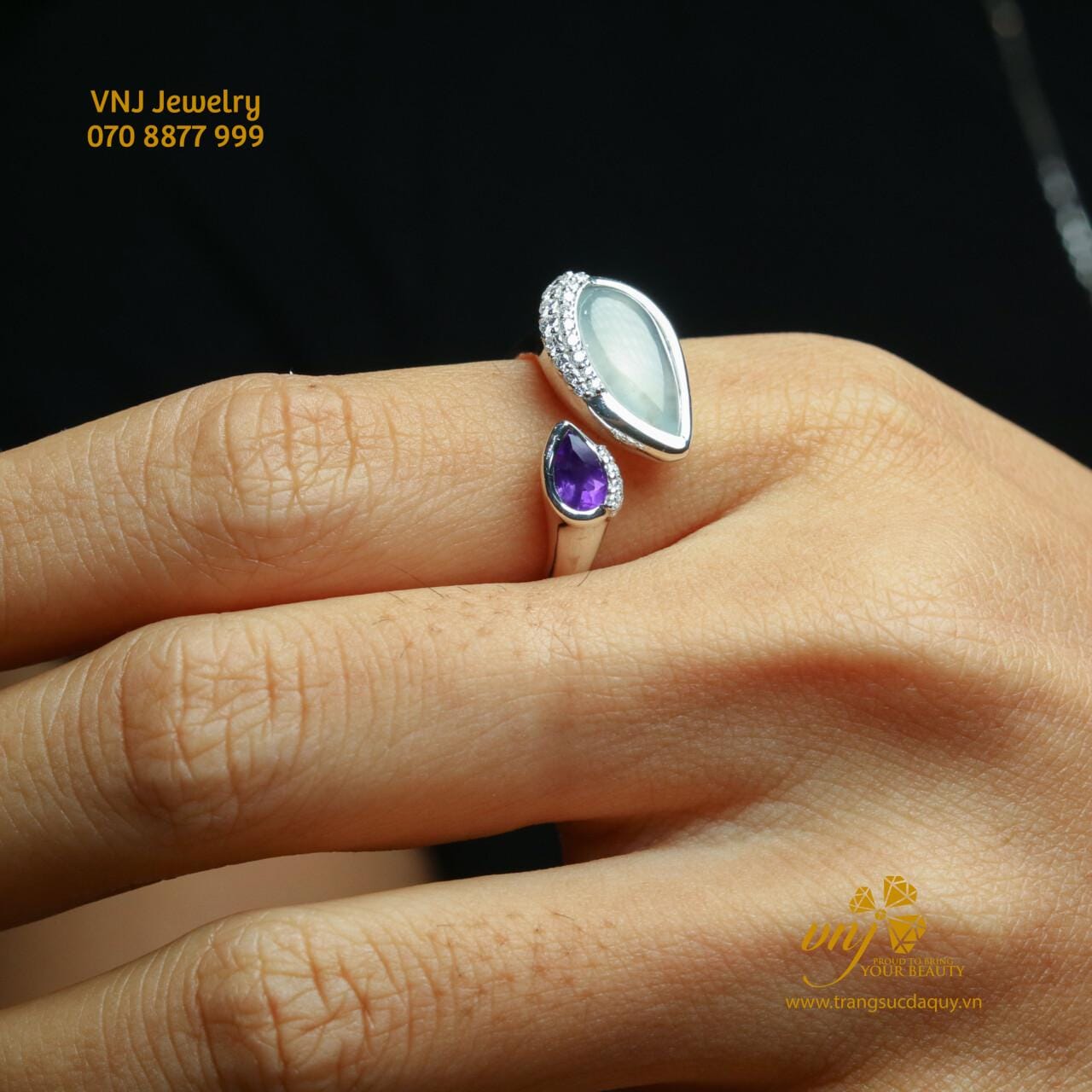 Nhẫn Open Ring Phỉ Thuý Và Thạch Anh Tím NWJ12 - Ảnh 4