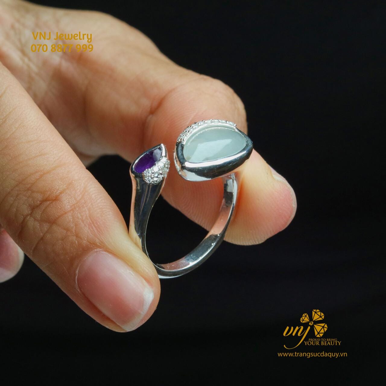Nhẫn Open Ring Phỉ Thuý Và Thạch Anh Tím NWJ12 - Ảnh 2