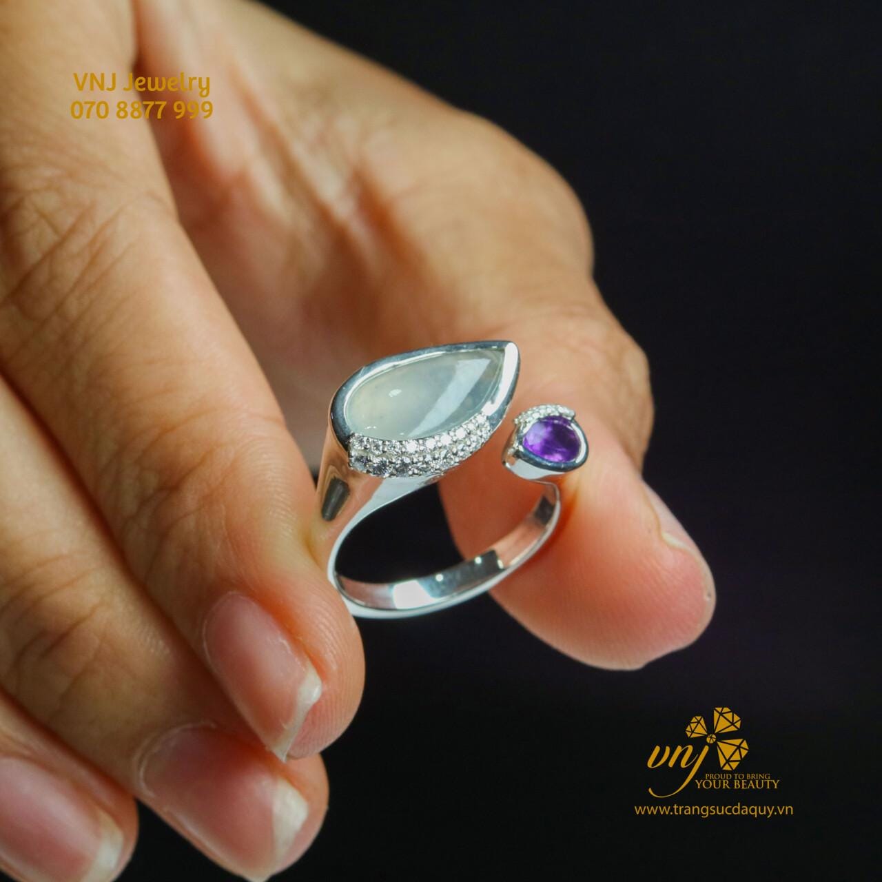 Nhẫn Open Ring Phỉ Thuý Và Thạch Anh Tím NWJ12 - Ảnh 3