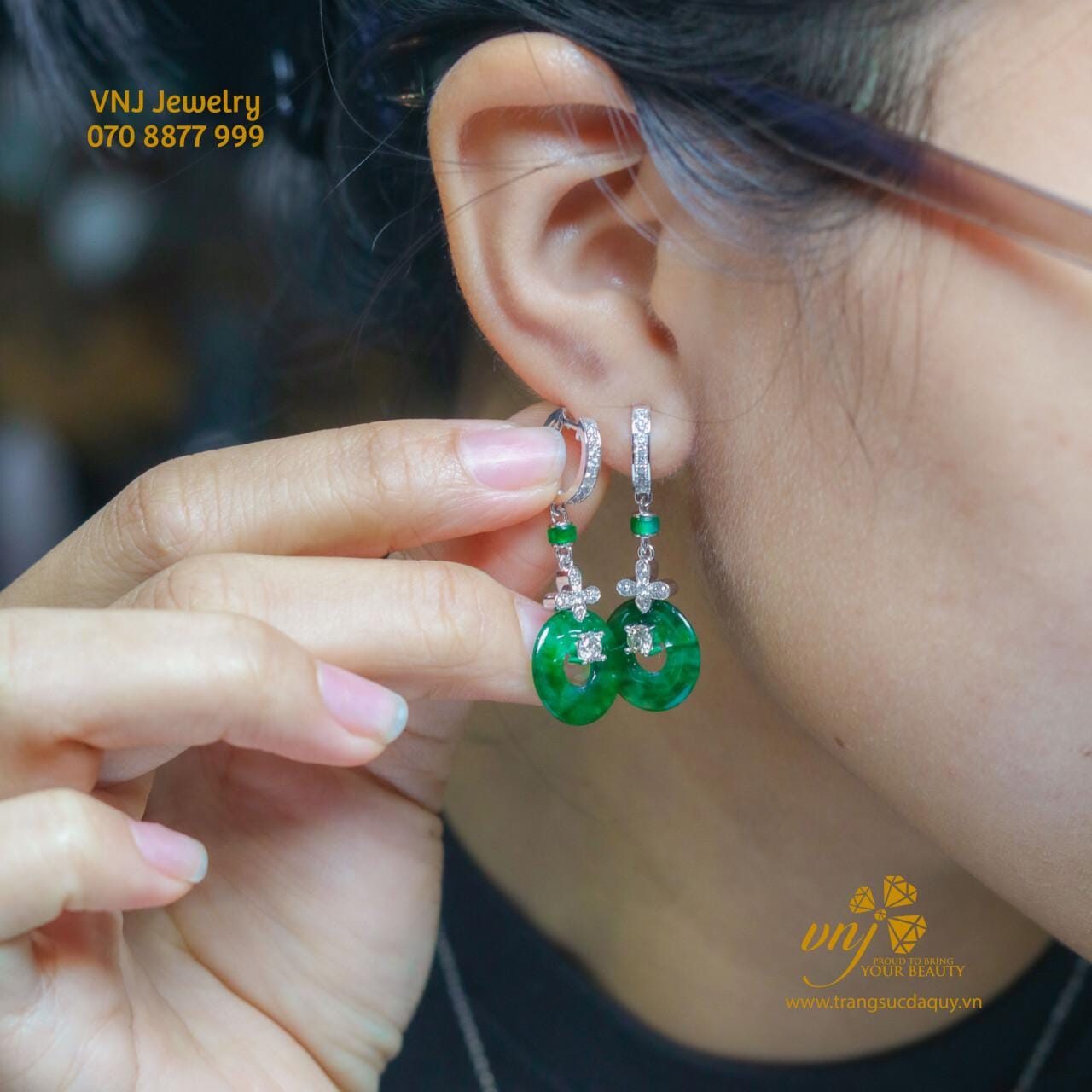 Bông Tai Đồng Điếu Lục Phỉ Thuý BTJ5 - Ảnh 4