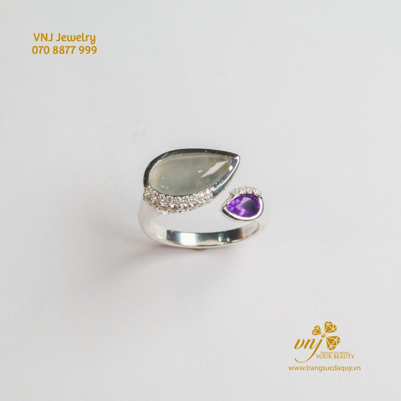 Nhẫn Open Ring Phỉ Thuý Và Thạch Anh Tím NWJ12