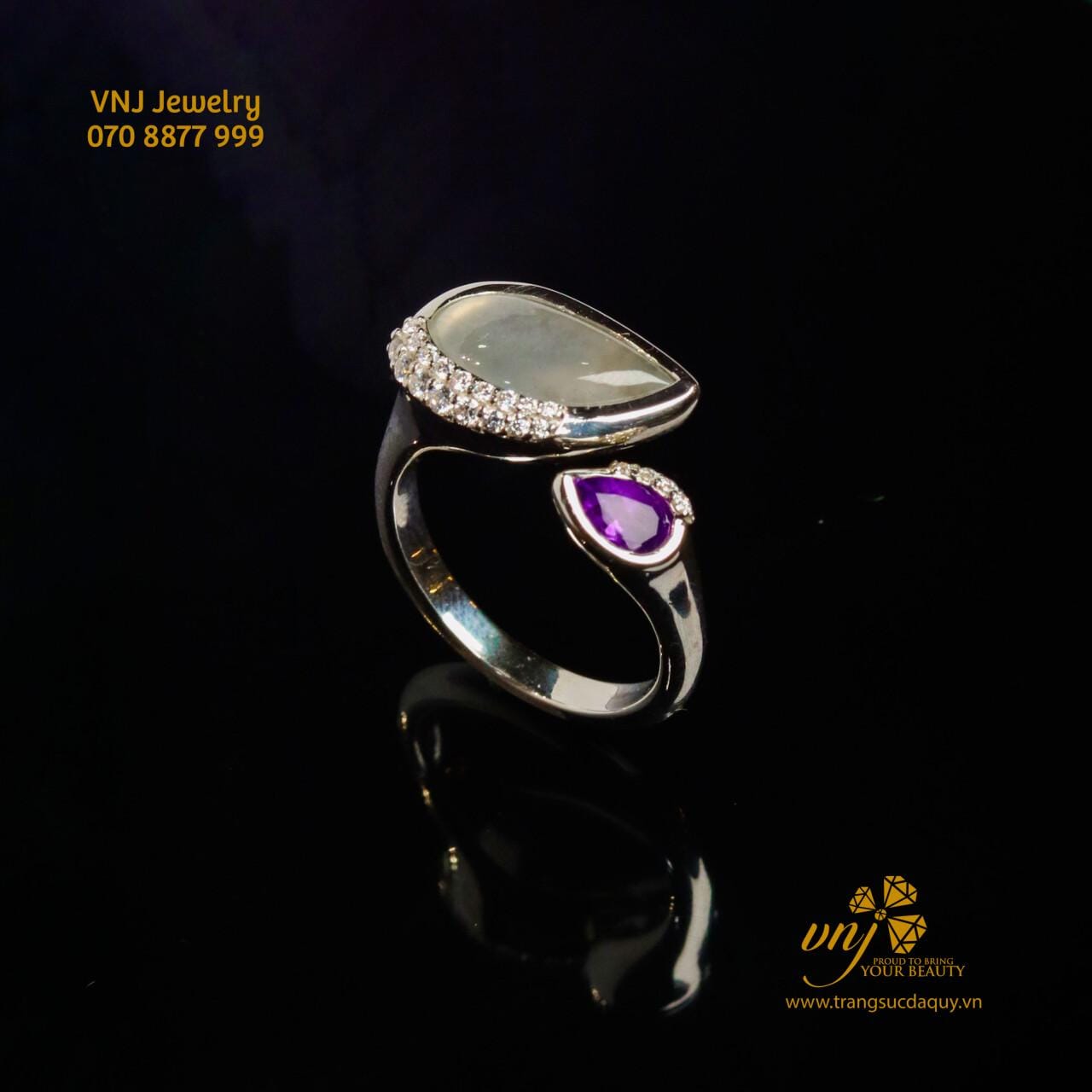 Nhẫn Open Ring Phỉ Thuý Và Thạch Anh Tím NWJ12 - Ảnh 6